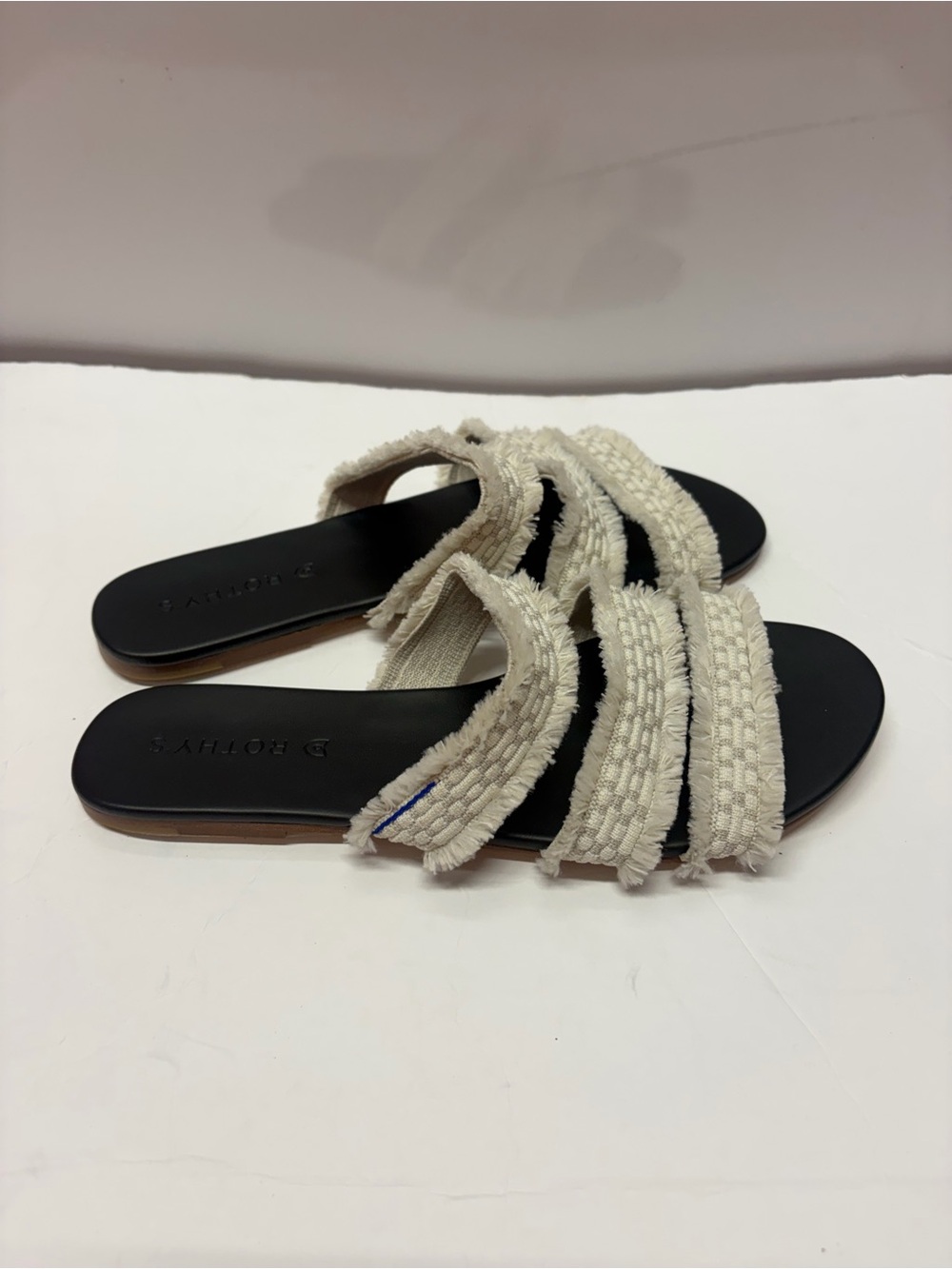 Rothy's Cream Frayed Multi‑Strap Slide Sandals